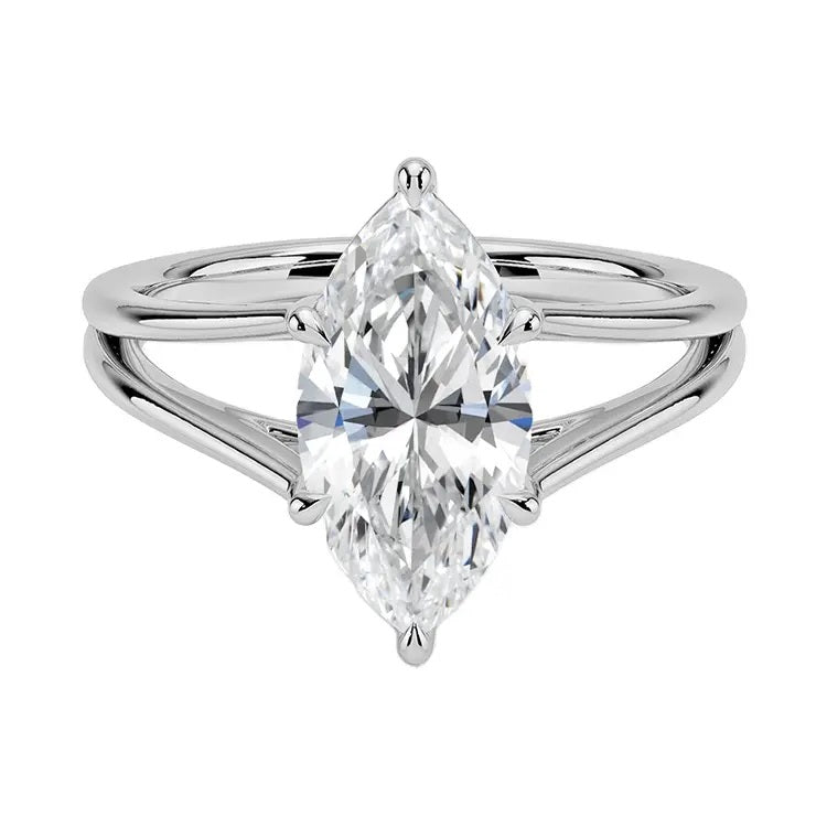 Marquise cut Moissanite lab grown diamond engagement ring V-Split shank with six cat claw setting, on a gold band, against a white background.Moissanite engagement ring cape town south africa grand diamonds ralph jacobs jeulia