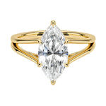 Marquise cut Moissanite lab grown diamond engagement ring V-Split shank with six cat claw setting, on a gold band, against a white background.Moissanite engagement ring cape town south africa grand diamonds ralph jacobs jeulia
