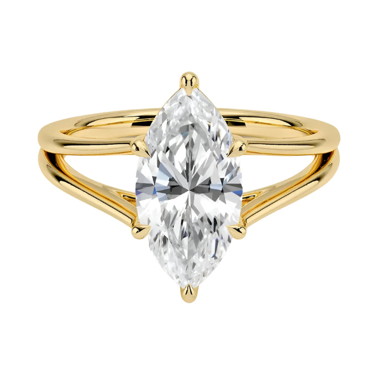 Marquise cut Moissanite lab grown diamond engagement ring V-Split shank with six cat claw setting, on a gold band, against a white background.Moissanite engagement ring cape town south africa grand diamonds ralph jacobs jeulia