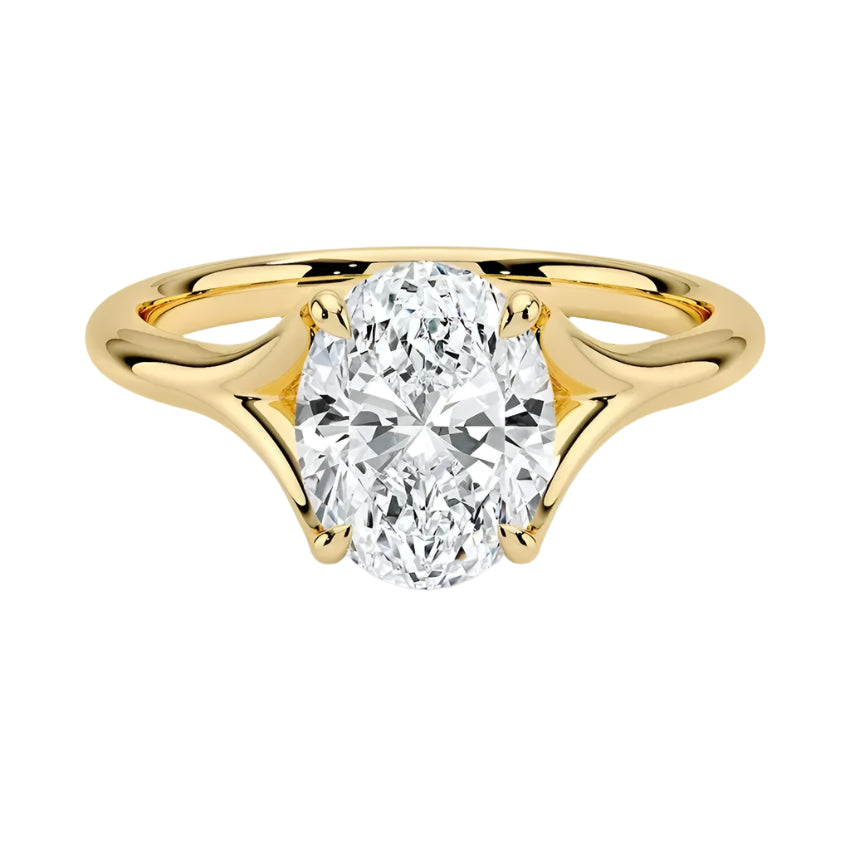 Engagement ring oval cut Moissanite lab grown diamond v-split shank with a four cat claw setting, on a gold band, against a white background.Moissanite engagement ring cape town south africa grand diamonds ralph jacobs jeulia 