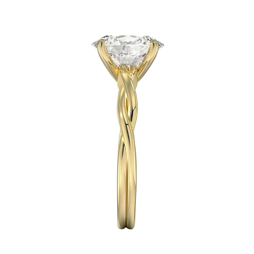 Oval cut Moissanite lab grown diamond engagement ring braided shank with a four claw setting, on a gold band, against a white background.Moissanite engagement ring cape town south africa grand diamonds ralph jacobs jeulia 