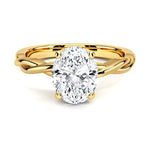 Oval cut Moissanite lab grown diamond engagement ring braided shank with a four claw setting, on a gold band, against a white background.Moissanite engagement ring cape town south africa grand diamonds ralph jacobs jeulia 