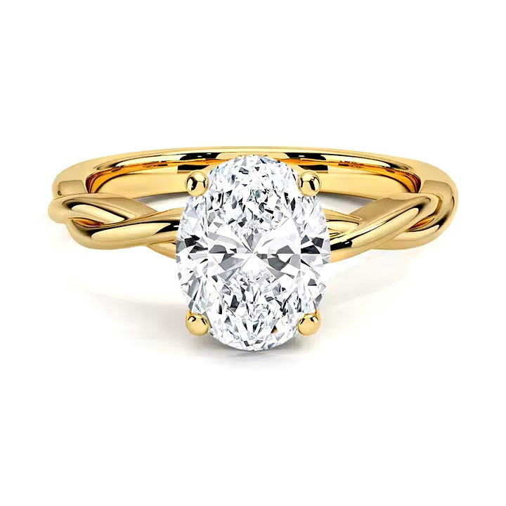 Oval cut Moissanite lab grown diamond engagement ring braided shank with a four claw setting, on a gold band, against a white background.Moissanite engagement ring cape town south africa grand diamonds ralph jacobs jeulia 