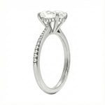 Engagement ring with oval cut moissanite or lab grown diamond solitaire four cat claw hidden halo with pave set band in yellow rose or white gold hidden double halo and pave set shank Cape Town South Africa grand diamonds ralph jacobs jeuli