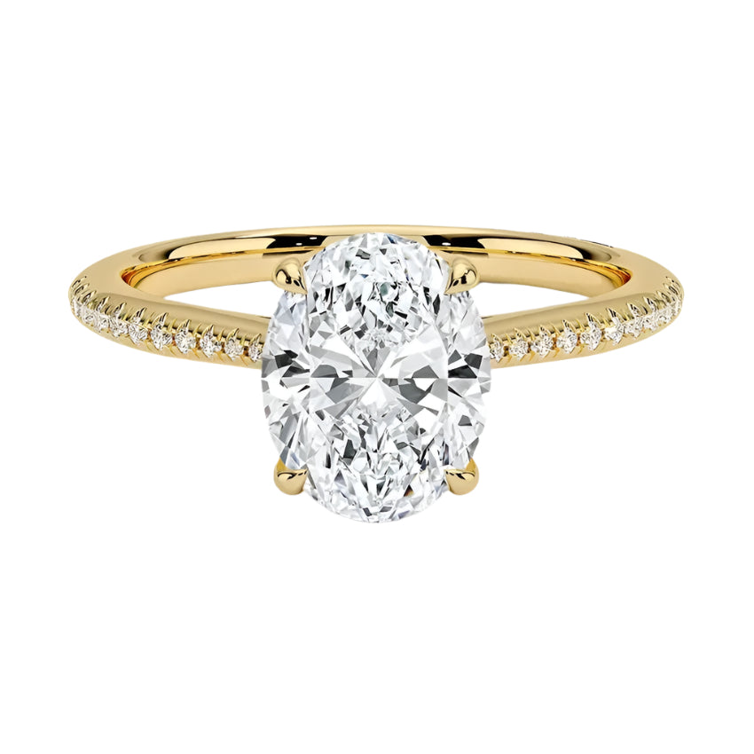 Engagement ring with oval cut moissanite or lab grown diamond solitaire four cat claw hidden halo with pave set band in yellow rose or white gold hidden double halo and pave set shank Cape Town South Africa grand diamonds ralph jacobs jeuli