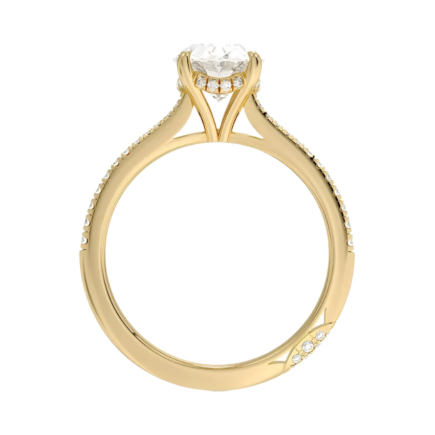 Engagement ring with oval cut moissanite or lab grown diamond solitaire four cat claw hidden halo with pave set band in yellow rose or white gold hidden double halo and pave set shank Cape Town South Africa grand diamonds ralph jacobs jeuli