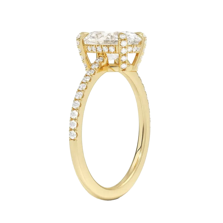 Engagement ring with oval cut moissanite or lab grown diamond solitaire four cat claw hidden halo with pave set band in yellow rose or white gold hidden double halo and pave set shank Cape Town South Africa grand diamonds ralph jacobs jeuli