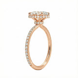 Engagement ring with oval cut moissanite or lab grown diamond solitaire four cat claw double hidden halo with pave set band in yellow rose or white gold hidden double halo and pave set shank Cape Town South Africa grand diamonds ralph jacobs jeuli