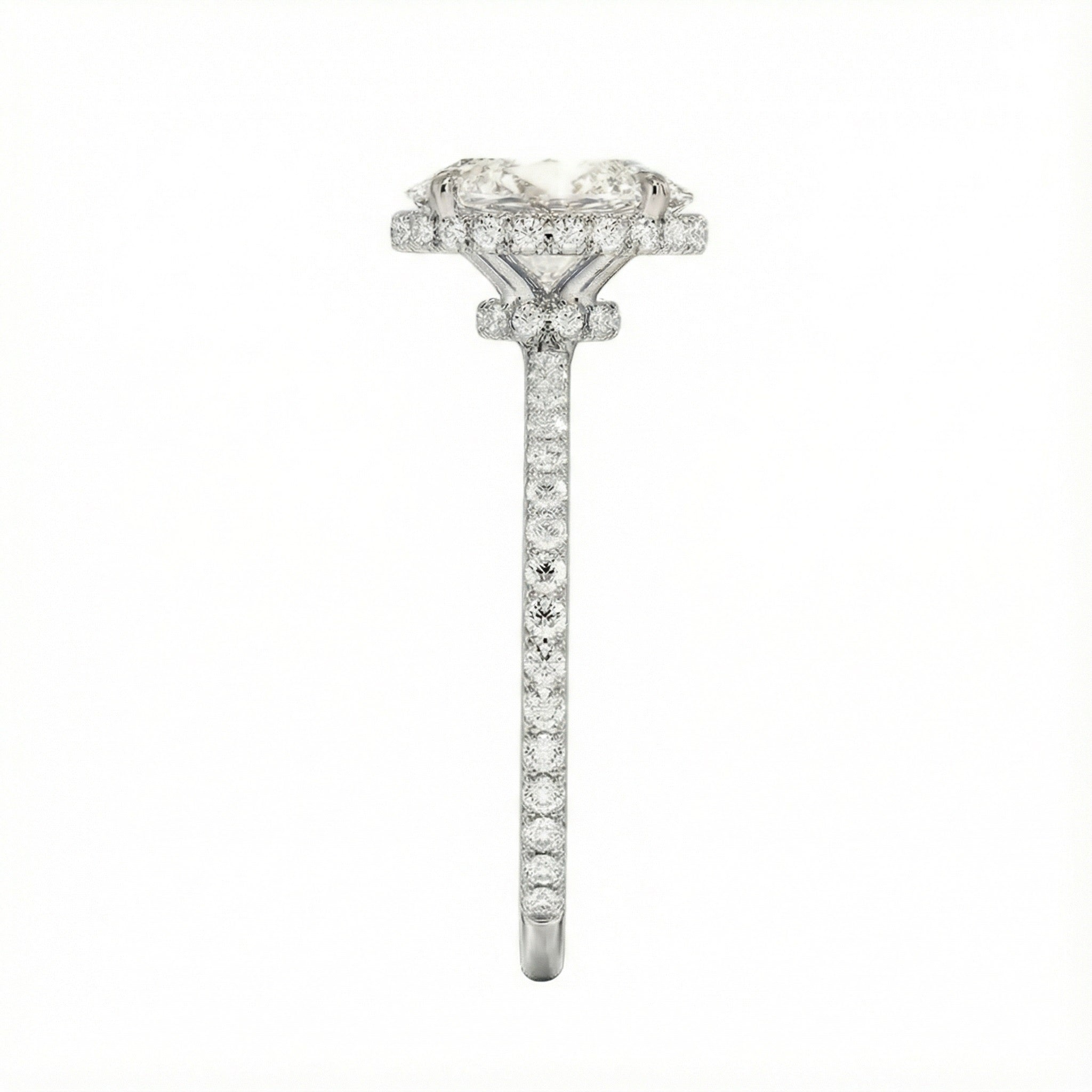 Engagement ring with oval cut moissanite or lab grown diamond solitaire four cat claw double hidden halo with pave set band in yellow rose or white gold hidden double halo and pave set shank Cape Town South Africa grand diamonds ralph jacobs jeuli