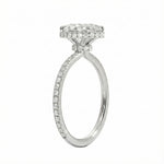 Engagement ring with oval cut moissanite or lab grown diamond solitaire four cat claw double hidden halo with pave set band in yellow rose or white gold hidden double halo and pave set shank Cape Town South Africa grand diamonds ralph jacobs jeuli