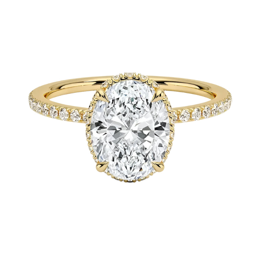 Engagement ring with oval cut moissanite or lab grown diamond solitaire four cat claw hidden halo with pave set band in yellow rose or white gold hidden double halo and pave set shank Cape Town South Africa grand diamonds ralph jacobs jeuli