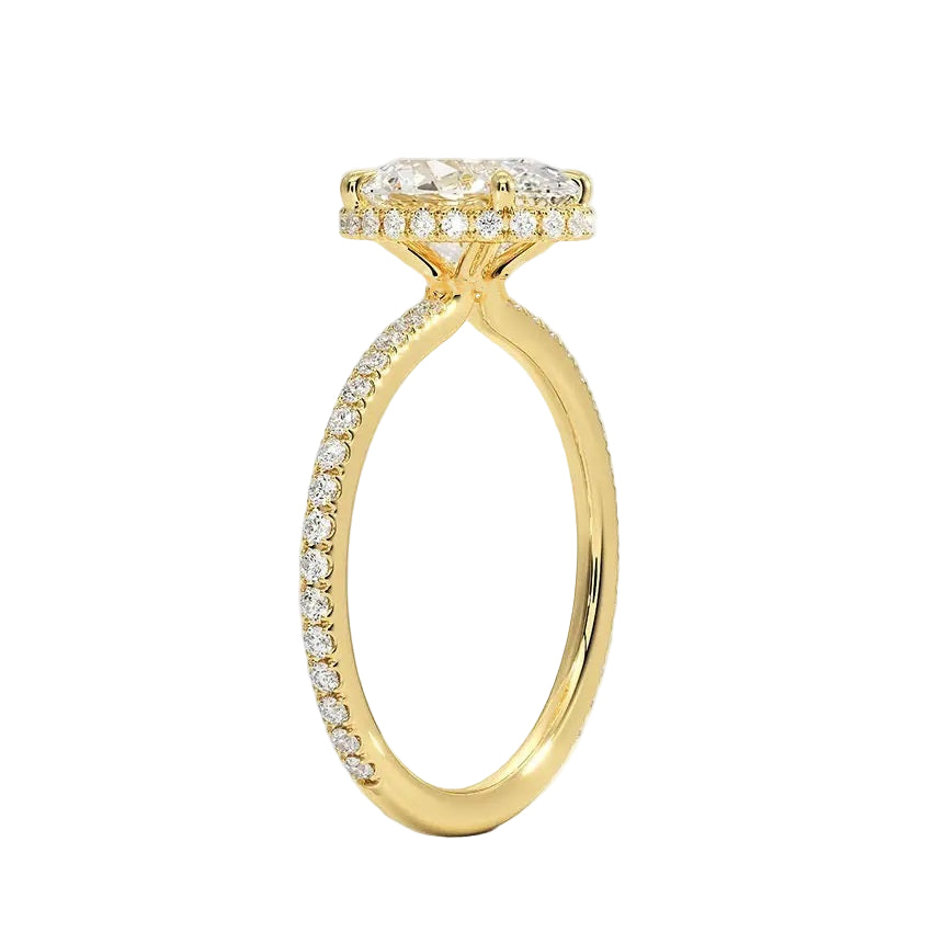 Engagement ring with oval cut moissanite or lab grown diamond solitaire four cat claw hidden halo with pave set band in yellow rose or white gold hidden double halo and pave set shank Cape Town South Africa grand diamonds ralph jacobs jeuli