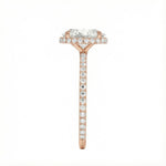 Engagement ring with oval cut moissanite or lab grown diamond solitaire four cat claw hidden halo with pave set band in yellow rose or white gold hidden double halo and pave set shank Cape Town South Africa grand diamonds ralph jacobs jeuli