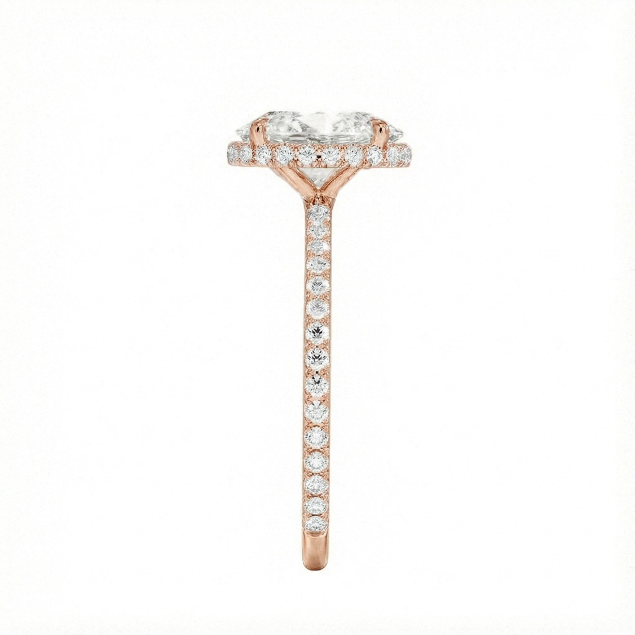 Engagement ring with oval cut moissanite or lab grown diamond solitaire four cat claw hidden halo with pave set band in yellow rose or white gold hidden double halo and pave set shank Cape Town South Africa grand diamonds ralph jacobs jeuli