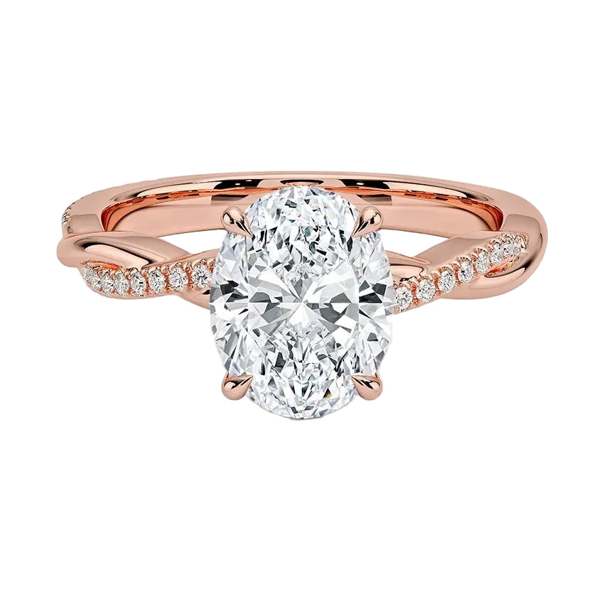 Oval cut Moissanite lab grown diamond engagement ring with twisted single pave set gold shank, against a white background.Moissanite engagement ring cape town south africa grand diamonds ralph jacobs jeulia 