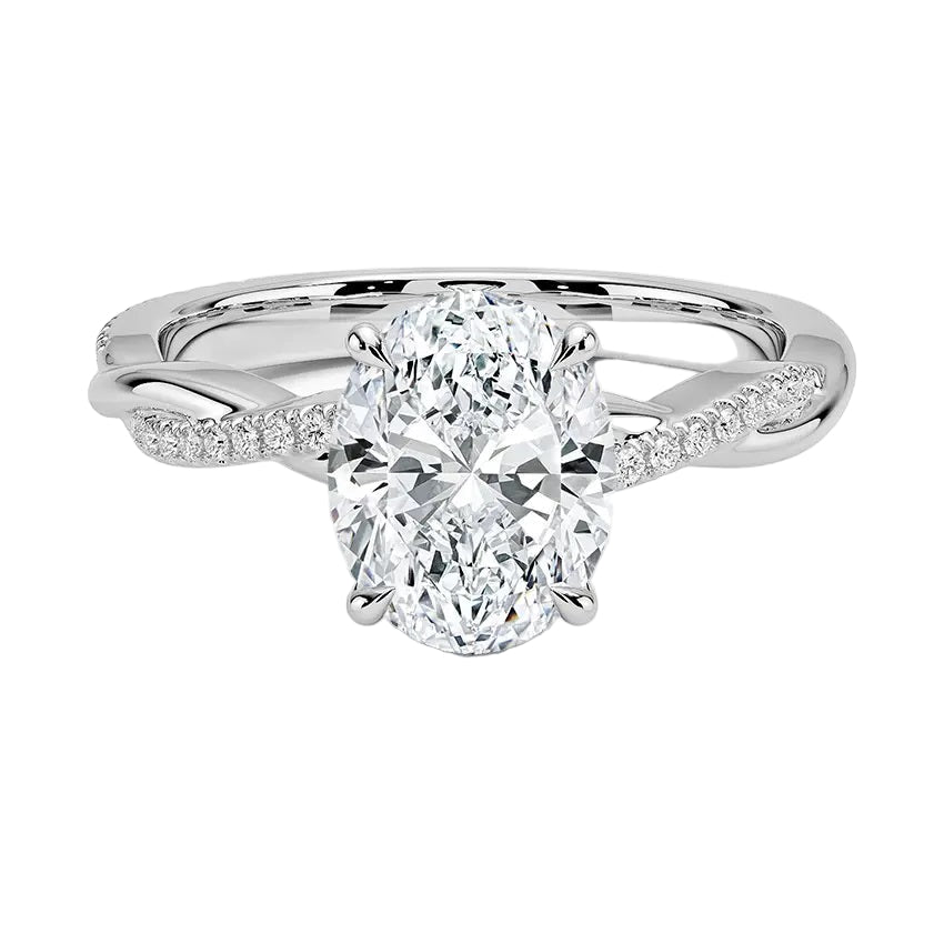 Oval cut Moissanite lab grown diamond engagement ring with twisted single pave set gold shank, against a white background.Moissanite engagement ring cape town south africa grand diamonds ralph jacobs jeulia 