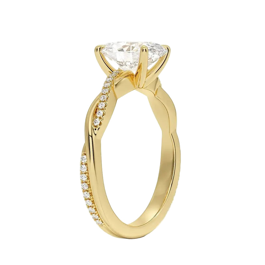 Oval cut Moissanite lab grown diamond engagement ring with twisted single pave set gold shank, against a white background.Moissanite engagement ring cape town south africa grand diamonds ralph jacobs jeulia 