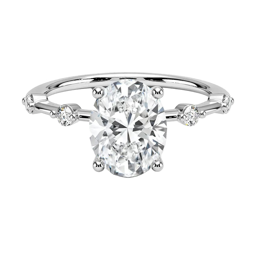 Oval cut Moissanite lab grown diamond engagement ring with tube set small round moissanites on the shank, on a gold band, against a white background.Moissanite engagement ring cape town south africa grand diamonds ralph jacobs jeulia 