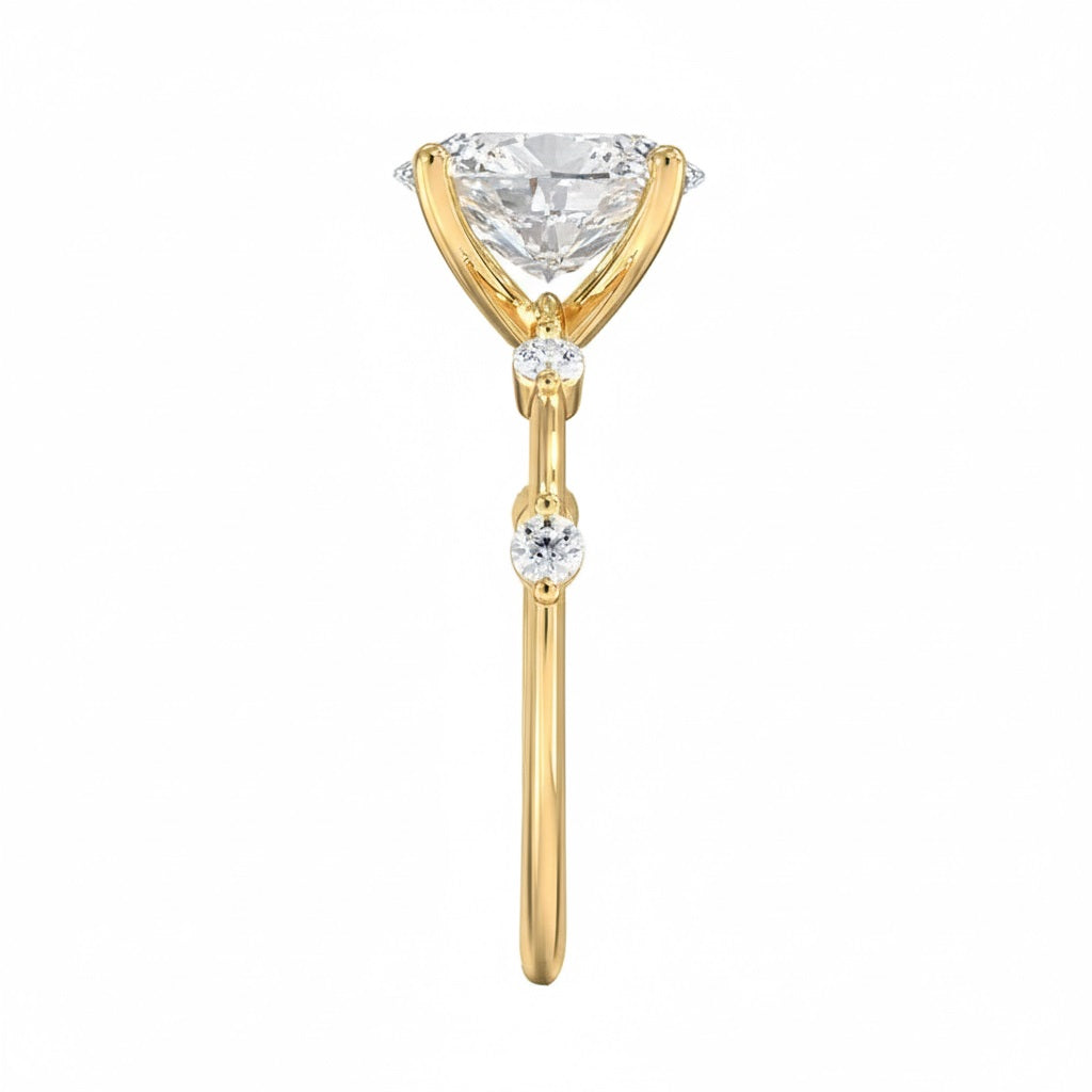 Oval cut Moissanite lab grown diamond engagement ring with tube set small round moissanites on the shank, on a gold band, against a white background.Moissanite engagement ring cape town south africa grand diamonds ralph jacobs jeulia 