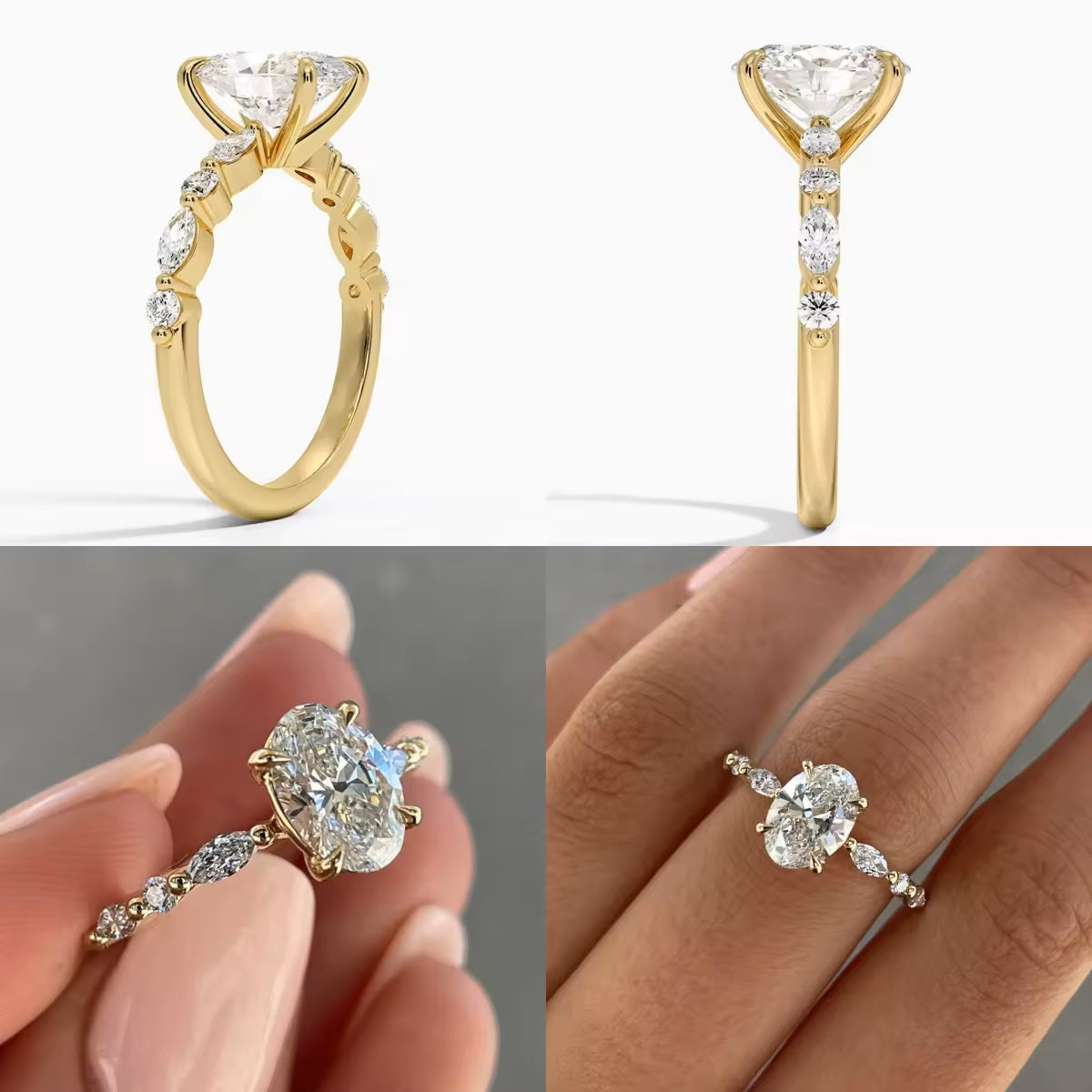 Oval cut Moissanite lab grown diamond engagement ring with tube set small round moissanites on the shank, on a gold band, against a white background.Moissanite engagement ring cape town south africa grand diamonds ralph jacobs jeulia 