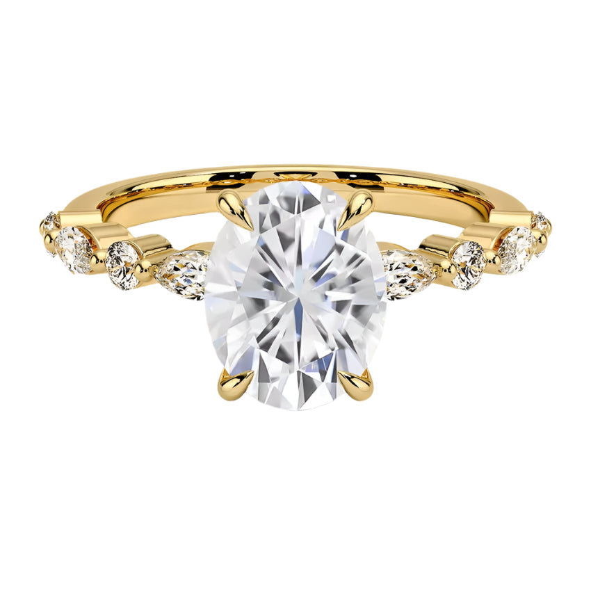 Oval cut Moissanite lab grown diamond engagement ring with tube set small round moissanites on the shank, on a gold band, against a white background.Moissanite engagement ring cape town south africa grand diamonds ralph jacobs jeulia 