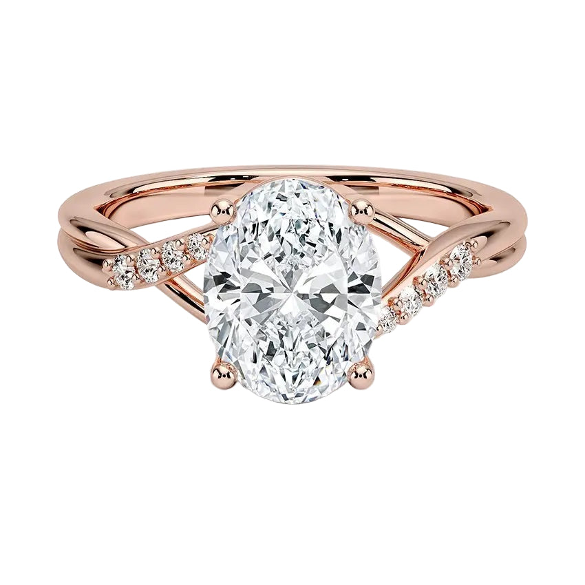 Oval cut Moissanite lab grown diamond engagement ring twisted v shank set with shared prong stones on a gold shank, against a white background.Moissanite engagement ring cape town south africa grand diamonds ralph jacobs jeulia 