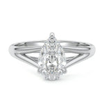 Pear cut Moissanite lab grown diamond engagement ring v-split band with a three claw cathedral setting, on a gold band, against a white background.Moissanite engagement ring cape town south africa grand diamonds ralph jacobs jeulia