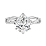 Pear cut Moissanite lab grown diamond engagement ring twisted shank with a six claw setting, on a gold band, against a white background.Moissanite engagement ring cape town south africa grand diamonds ralph jacobs jeulia  