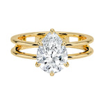 Pear cut Moissanite lab grown diamond engagement ring double band with a six claw setting, on a gold band, against a white background.Moissanite engagement ring cape town south africa grand diamonds ralph jacobs jeulia  