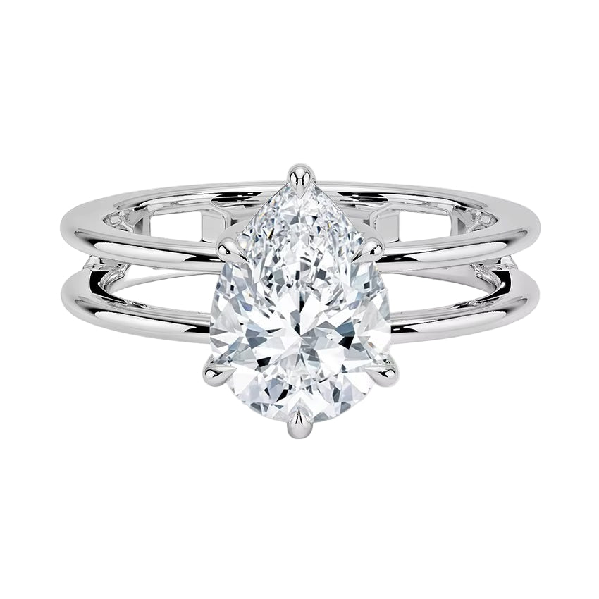 Pear cut Moissanite lab grown diamond engagement ring double band with a six claw setting, on a gold band, against a white background.Moissanite engagement ring cape town south africa grand diamonds ralph jacobs jeulia  