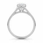 Pear cut Moissanite lab grown diamond engagement ring v-split band with a three claw cathedral setting, on a gold band, against a white background.Moissanite engagement ring cape town south africa grand diamonds ralph jacobs jeulia