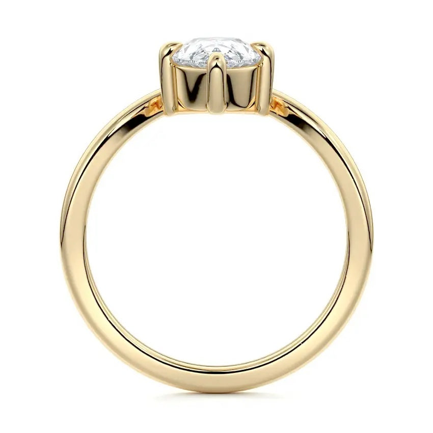 Pear cut Moissanite lab grown diamond engagement ring v-split band with a three claw cathedral setting, on a gold band, against a white background.Moissanite engagement ring cape town south africa grand diamonds ralph jacobs jeulia  