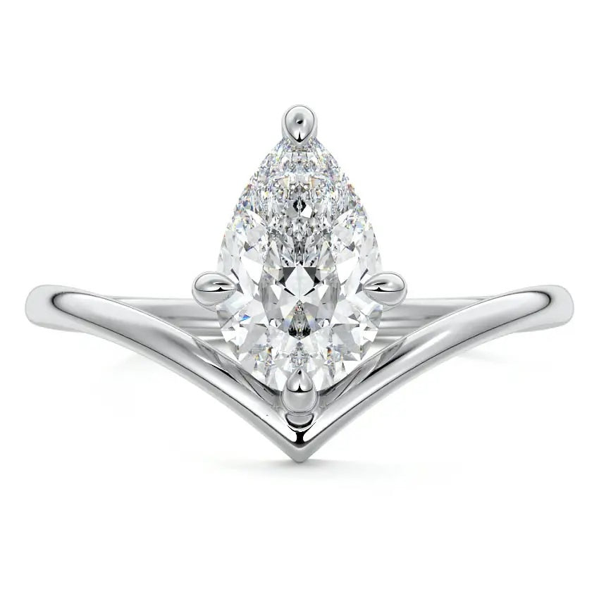 Pear cut Moissanite lab grown diamond engagement ring v-split band with a three claw cathedral setting, on a gold band, against a white background.Moissanite engagement ring cape town south africa grand diamonds ralph jacobs jeulia  