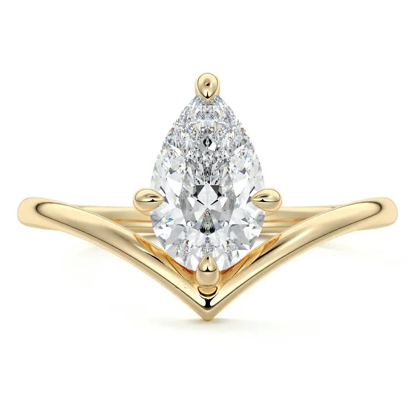 Engagement ring Pear cut Moissanite lab grown diamond engagement ring v-shaped band with a suspended four claw setting, on a gold band, against a white background.Moissanite engagement ring cape town south africa grand diamonds ralph jacobs jeulia  