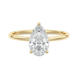 Engagement ring with pear cut moissanite or lab grown diamond solitaire three cat claw hidden halo in yellow rose or white gold hidden double halo and pave set shank Cape Town South Africa grand diamonds ralph jacobs jeuli