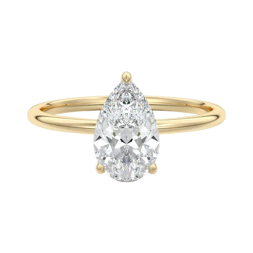 Engagement ring with pear cut moissanite or lab grown diamond solitaire three cat claw hidden halo in yellow rose or white gold hidden double halo and pave set shank Cape Town South Africa grand diamonds ralph jacobs jeuli