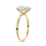 Engagement ring with pear cut moissanite or lab grown diamond solitaire three cat claw hidden halo in yellow rose or white gold hidden double halo and pave set shank Cape Town South Africa grand diamonds ralph jacobs jeuli