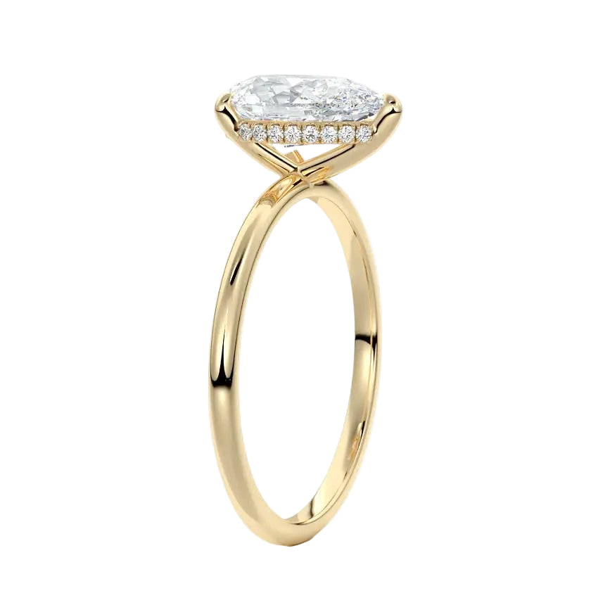 Engagement ring with pear cut moissanite or lab grown diamond solitaire three cat claw hidden halo in yellow rose or white gold hidden double halo and pave set shank Cape Town South Africa grand diamonds ralph jacobs jeuli