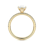 Pear cut Moissanite lab grown diamond engagement ring half eternity set shank with classic three prong setting, on a gold band, against a white background.Moissanite engagement ring cape town south africa grand diamonds ralph jacobs jeulia 