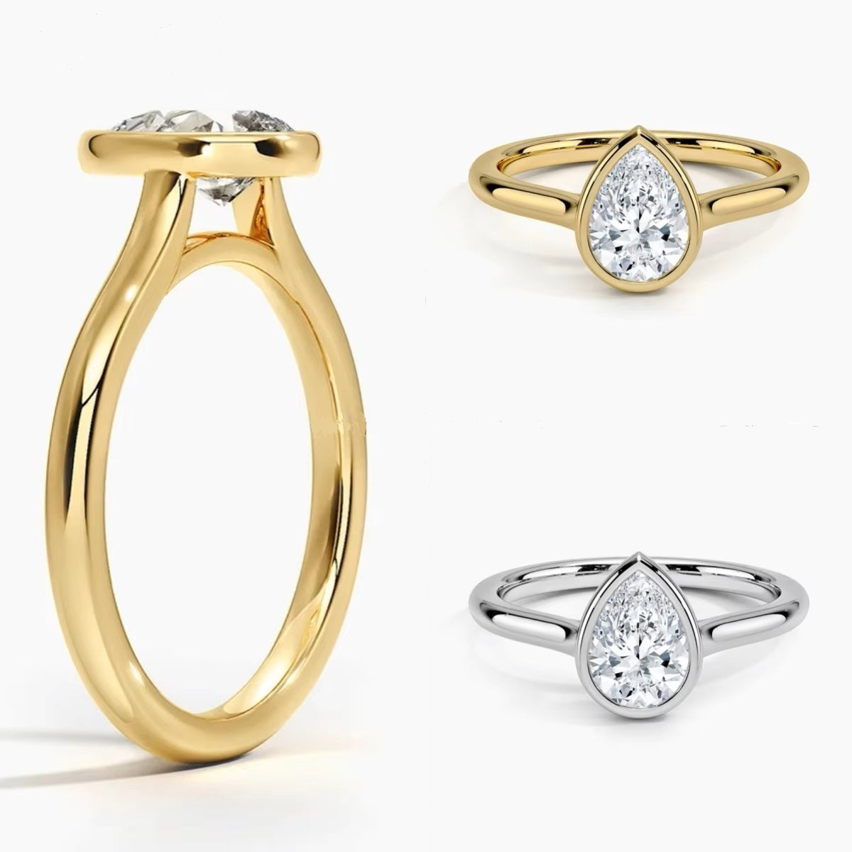 Pear shape Moissanite lab grown diamond engagement ring round shank with a bezel setting, on a gold band, against a white background.Moissanite engagement ring cape town south africa grand diamonds ralph jacobs jeulia 