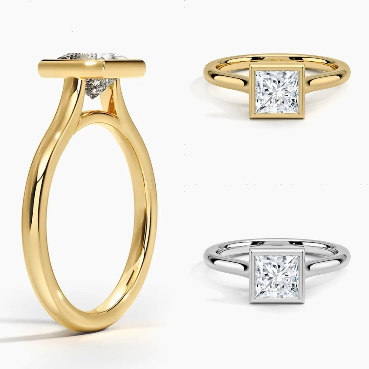 Princess cut Moissanite lab grown diamond engagement ring round shank with a bezel setting, on a gold band, against a white background.Moissanite engagement ring cape town south africa grand diamonds ralph jacobs jeulia 