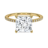 Princess cut Moissanite lab grown diamond engagement ring with classic pave set gold band, against a white background.Moissanite engagement ring cape town south africa grand diamonds ralph jacobs jeulia 