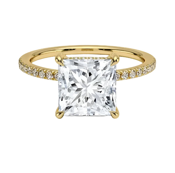 Princess cut Moissanite lab grown diamond engagement ring with classic pave set gold band, against a white background.Moissanite engagement ring cape town south africa grand diamonds ralph jacobs jeulia 