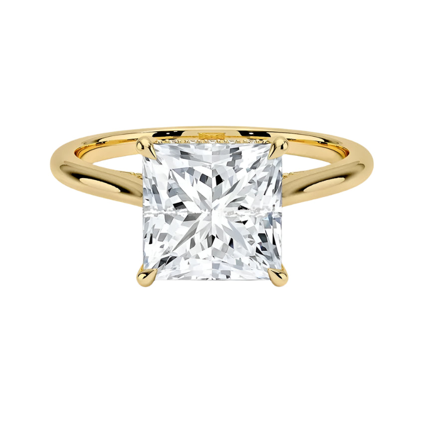 Engagement ring with princess cut moissanite or lab grown diamond solitaire four cat claw hidden halo in yellow rose or white gold hidden halo Cape Town South Africa grand diamonds ralph jacobs jeuli