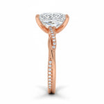 Radiant cut Moissanite lab grown diamond engagement ring with twisted pave set gold shank, against a white background.Moissanite engagement ring cape town south africa grand diamonds ralph jacobs jeulia 