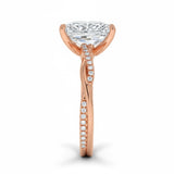 Radiant cut Moissanite lab grown diamond engagement ring with twisted pave set gold shank, against a white background.Moissanite engagement ring cape town south africa grand diamonds ralph jacobs jeulia 