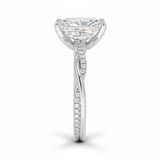 Radiant cut Moissanite lab grown diamond engagement ring with twisted pave set gold shank, against a white background.Moissanite engagement ring cape town south africa grand diamonds ralph jacobs jeulia 