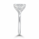 Engagement ring Radiant cut Moissanite lab grown diamond engagement ring v-Split round shank with a four cat-claw setting, on a gold band, against a white background.Moissanite engagement ring cape town south africa grand diamonds ralph jacobs jeulia 