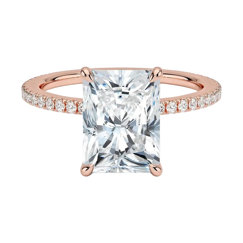 Radiant cut Moissanite lab grown diamond engagement ring with 3/4 eternity pave set shank, on a gold band, against a white background.Moissanite engagement ring cape town south africa grand diamonds ralph jacobs jeulia 