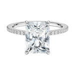 Radiant cut Moissanite lab grown diamond engagement ring with 3/4 eternity pave set shank, on a gold band, against a white background.Moissanite engagement ring cape town south africa grand diamonds ralph jacobs jeulia 